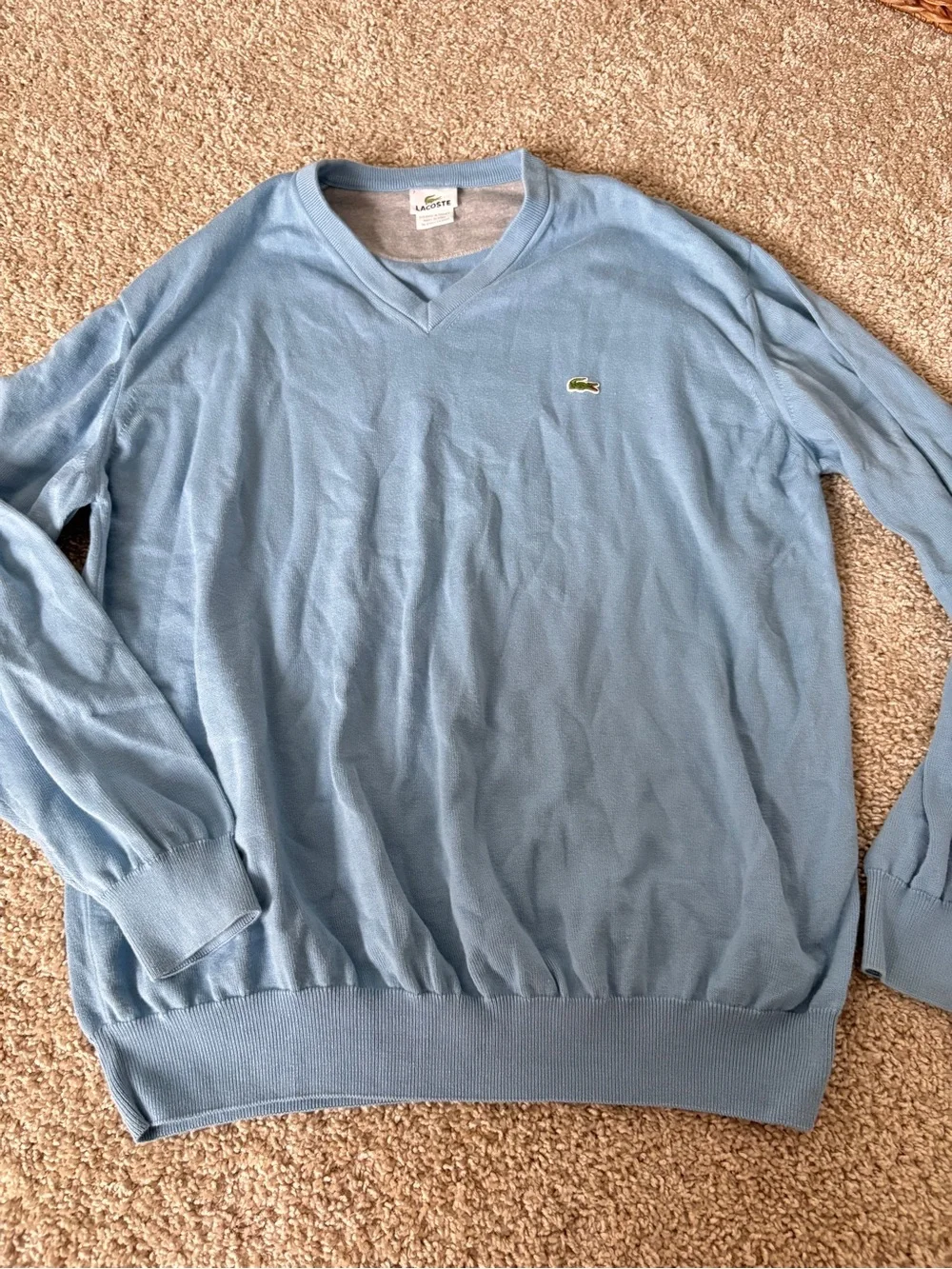 Lacoste Men's V-Neck Cotton Sweater – Light Blue Sz 7